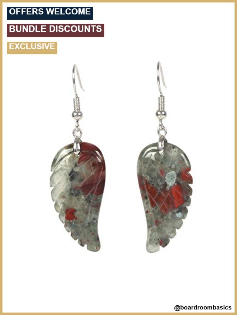 African Bloodstone Angel Wing Dangle Earrings Handmade Reiki Chakra
